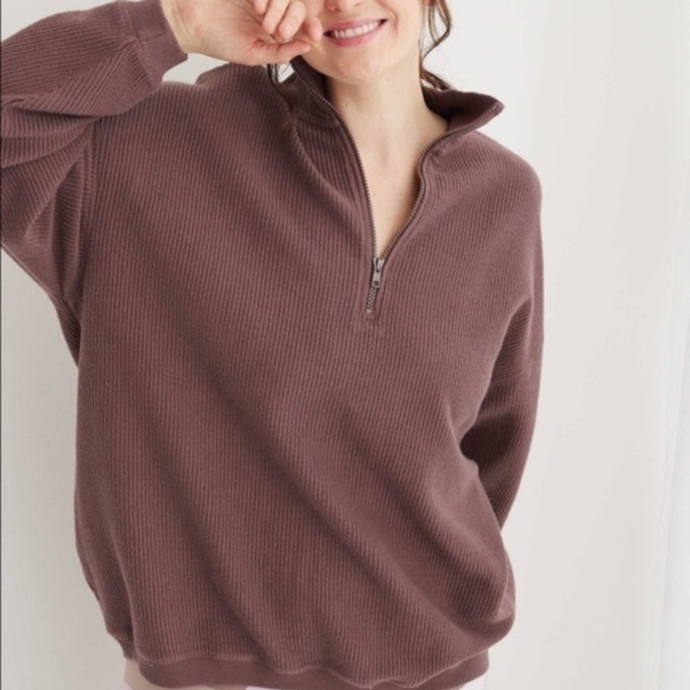 aerie Good Vibes Corded Oversized Quarter Zip Sweatshirt Brown size small